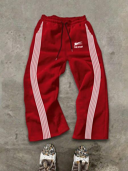 Striped Sporty Sweatpants with Side Bars & the Star Logo, Drawstring Waist, Loose Fit, Skin-Friendly Fabric for Daily Wear, Athleisure Style Pants