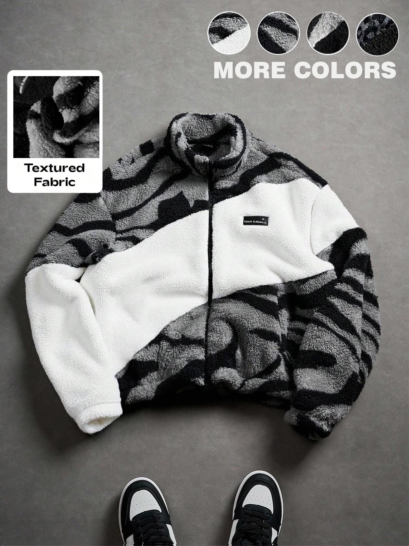Unisex design, trendy couple's outfit, Y2K style with English patterns and street-style zebra print color-blocked fleece-lined Long Sleeves jacket for autumn and winter. Suitable for streetwear, Y2K fashion, high-street culture,ideal as a gift for men