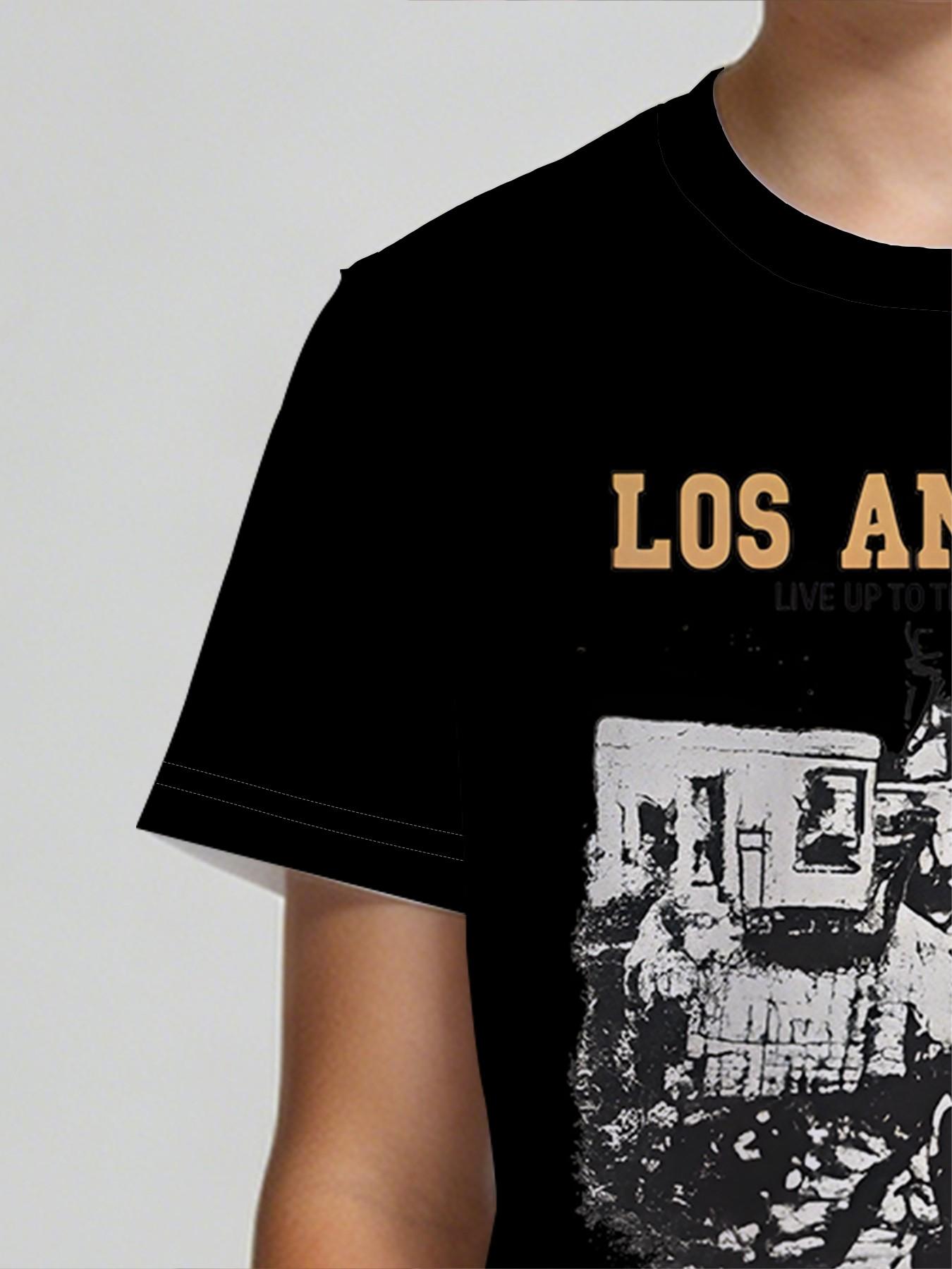 Boys' American-style short-sleeved shirt "Los Angeles Streetwear Tour Edition" features a vintage city streetscape + LOS ANGELES slogan print, a cool black crew neck design, making it a standout for street-style kids' outfits and outdoor outings