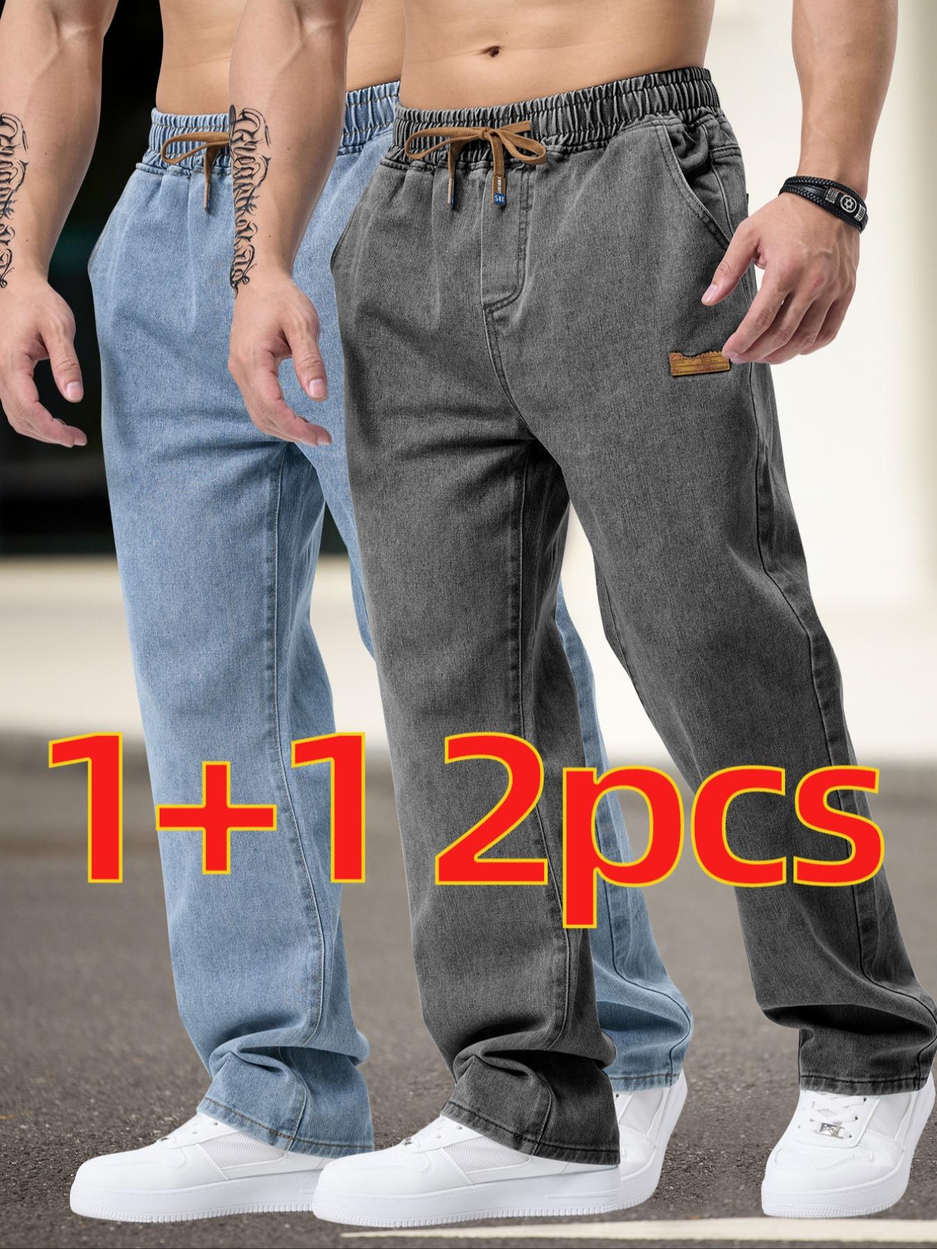 Men's Drawstring Elastic Waist Washed Straight Leg Jeans, & Blue, 2 Piece Set, Casual Daily Wear, All Seasons