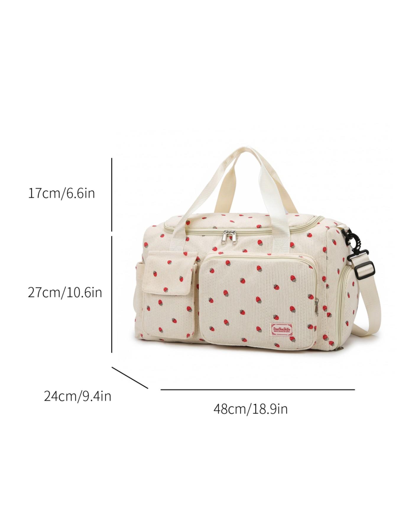 Strawberry Corduroy Handbag, Sweet Cute Style, Multi-Pocket Large Capacity, Crossbody Bag, Girl Short Trip Gym Commute Backpack