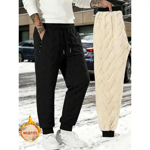 Men's fashionable trend fleece casual tapered pants. The inner layer is soft and fluffy. The waist is equipped with drawstrings, making them comfortable and loose to wear. They allow for free movement even in cold weather or during daily commutes.
