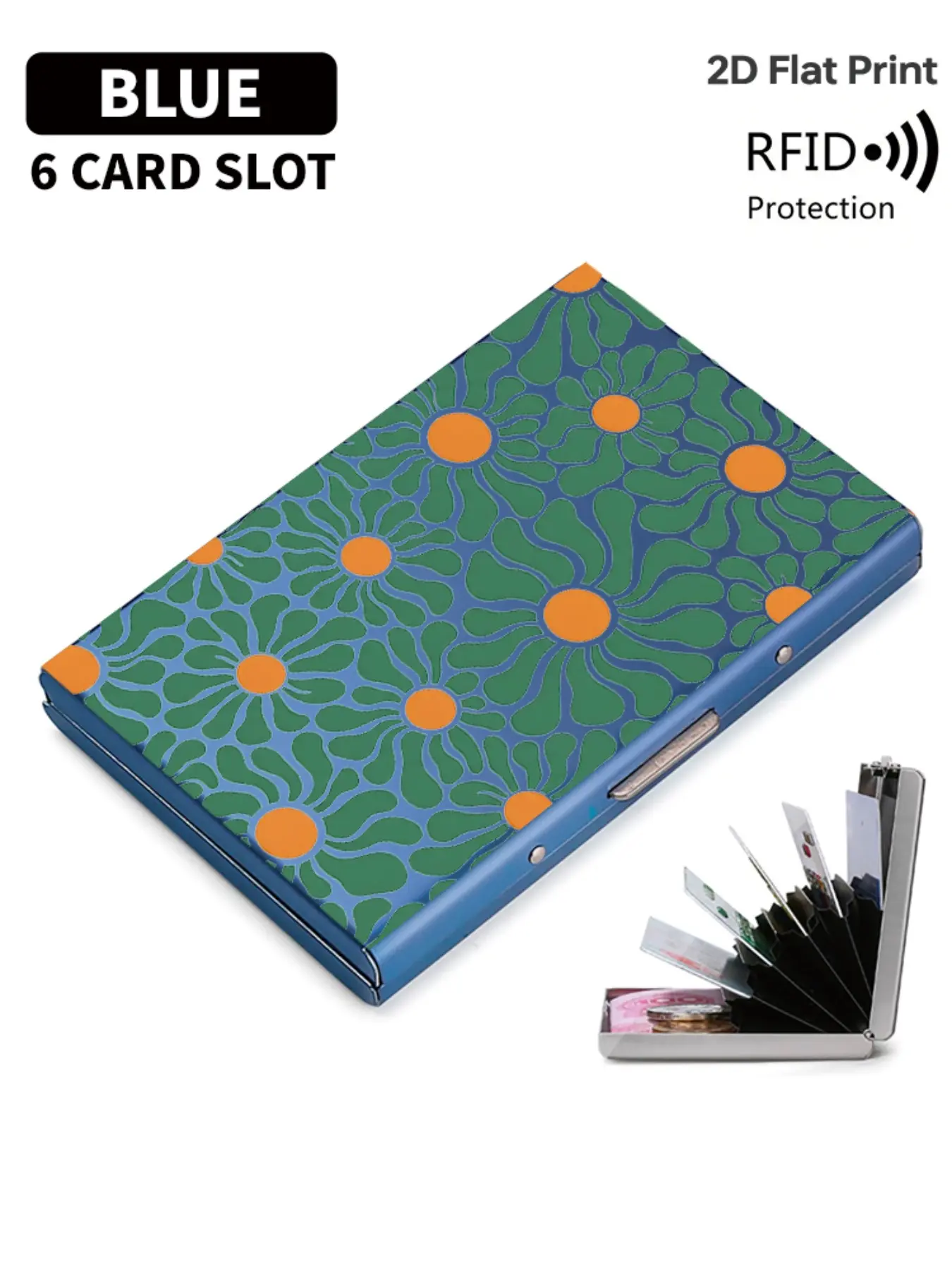 Rfid Anti-Theft Stainless Steel Card Holder, Vintage Daisy Pattern, Slim Wallet for 6 Cards, Unisex Travel & Business Use