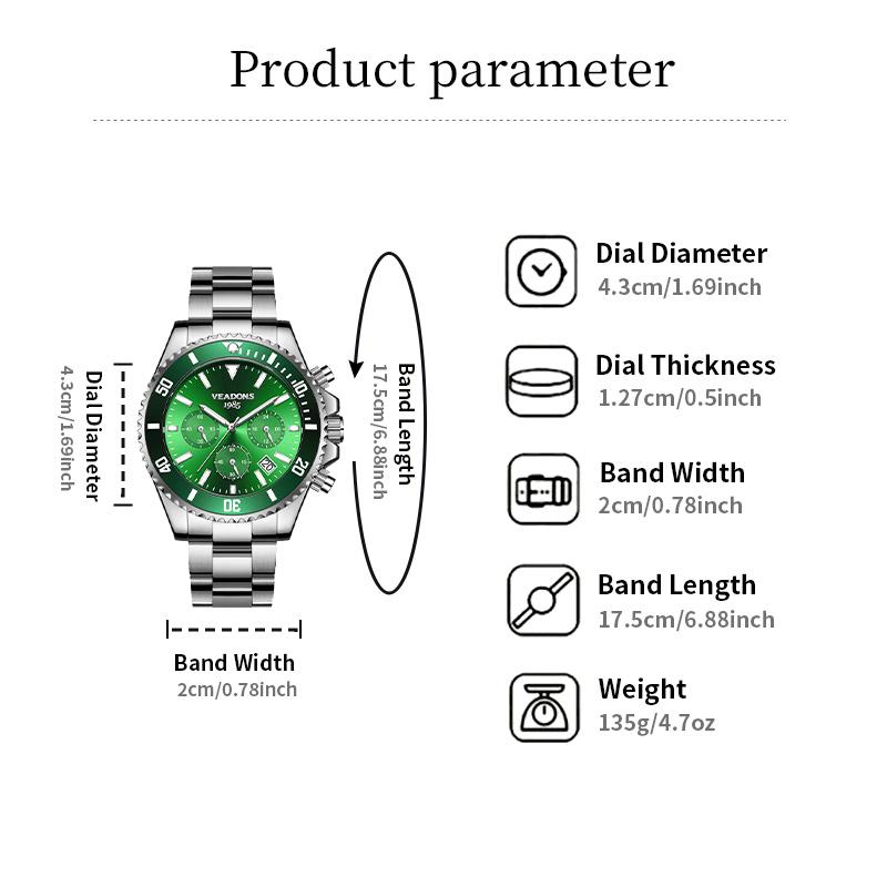 【dealsforyoudays】Veadons Men's Luxury Dress Watch, Green Dial, 40mm Stainless Steel Strap, Rotating Quartz Analog, Waterproof Luminous Large Dial Boss Wristwatch summer business