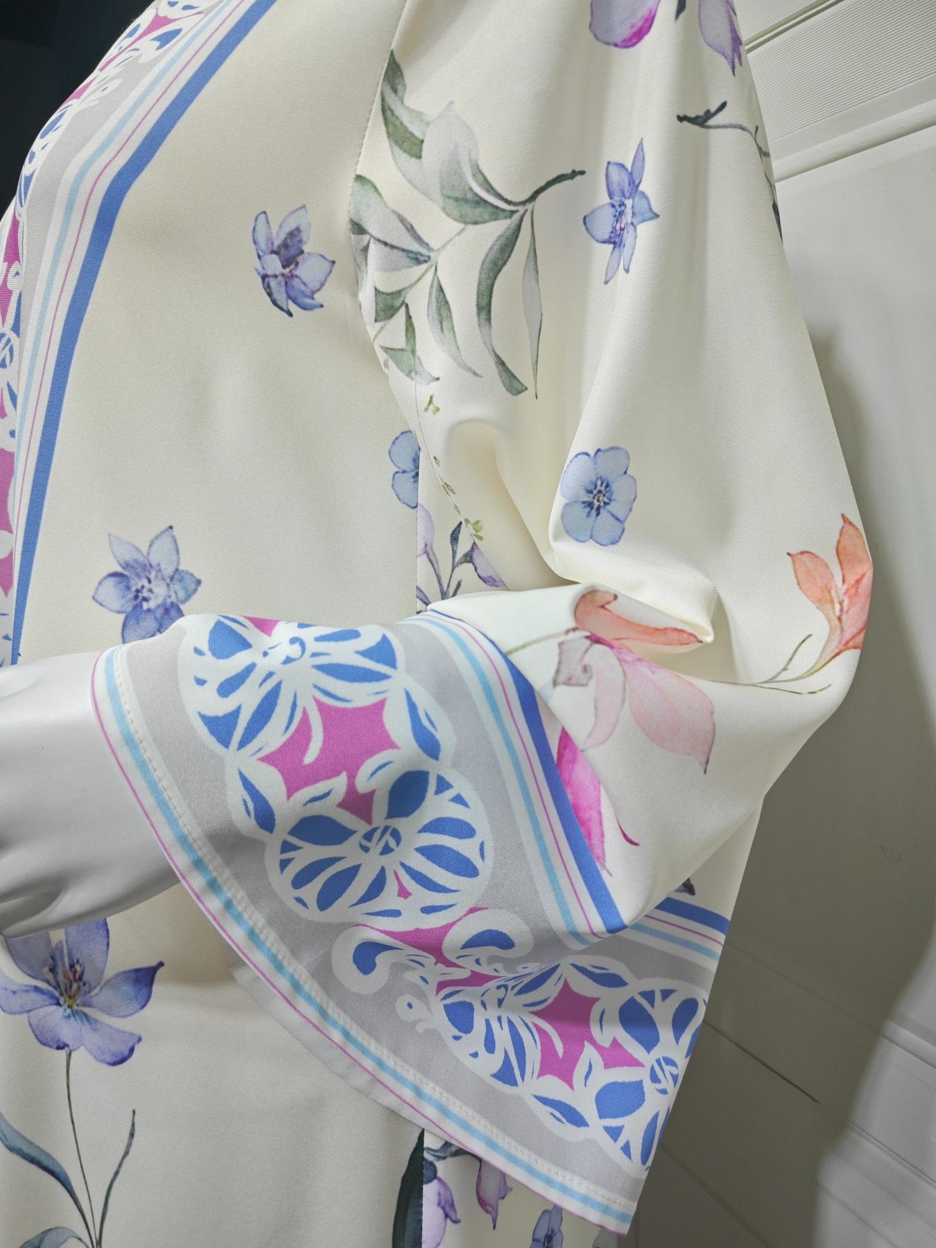 Muslim Women's Abaya Set with Hijab, Elegant Simple Floral Print Long Robe Jacket, Casual Party Beachwear, All Seasons Wear