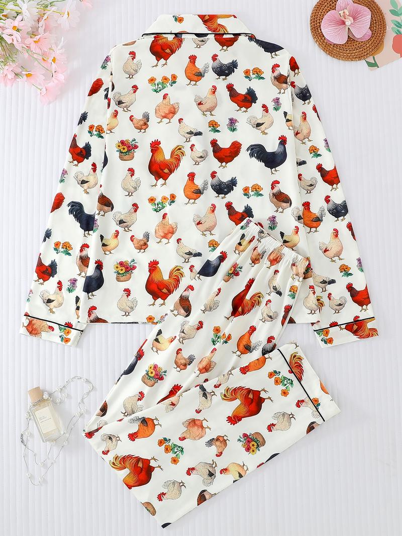 Women's Chicken Print Pajama Set, Loungewear, Casual Long Sleeve Button-Up Top & Comfortable Pants, All-Season Home Wear, 2-Piece Sleepwear
