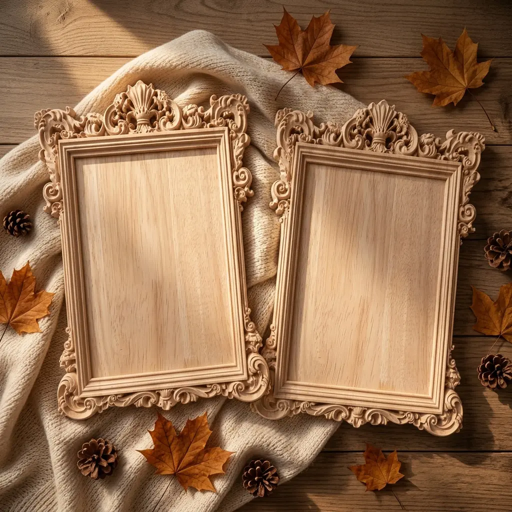 2pcs Vintage Wood Carving Photo Frames, Unpainted Wooden Wall Decor, Timeless Carved Design, Wooden Picture Frames
