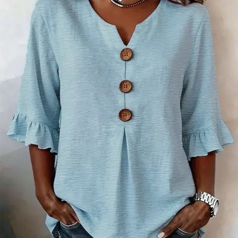 Women's V-Neck Button Front Blouse, Ruffle Sleeve Design, Loose Fit Conceals Belly, Casual Daily Wear, Versatile Mid-Sleeve Top, Button Up Blouses