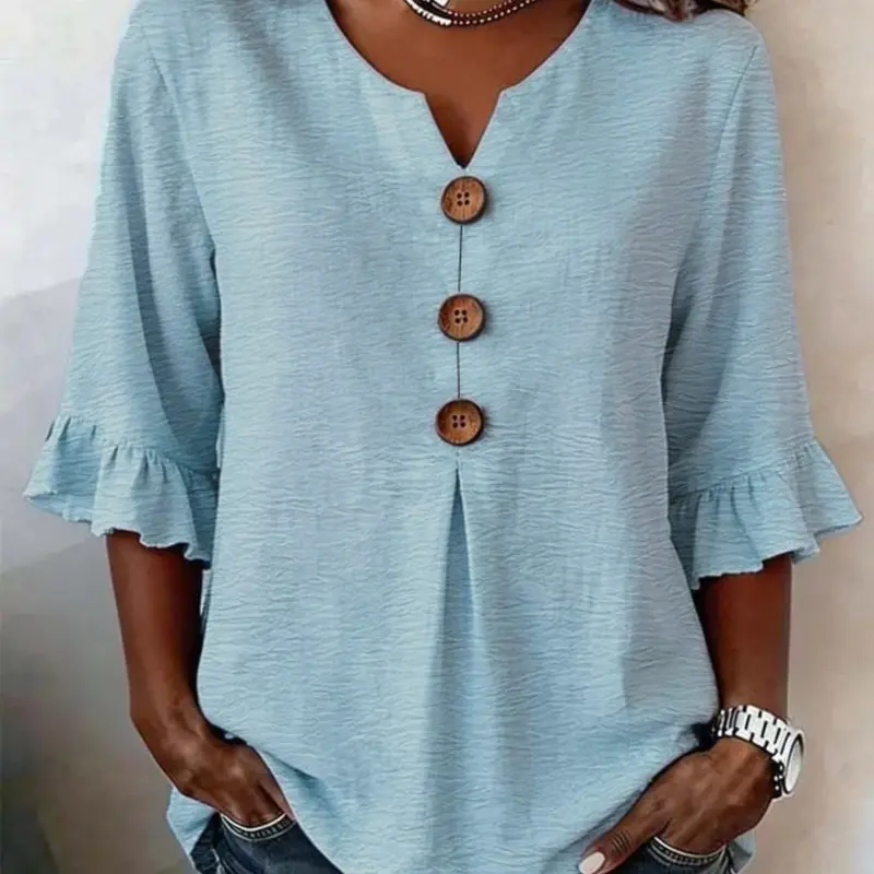 Women's V-Neck Button Front Blouse, Ruffle Sleeve Design, Loose Fit Conceals Belly, Casual Daily Wear, Versatile Mid-Sleeve Top, Button Up Blouses
