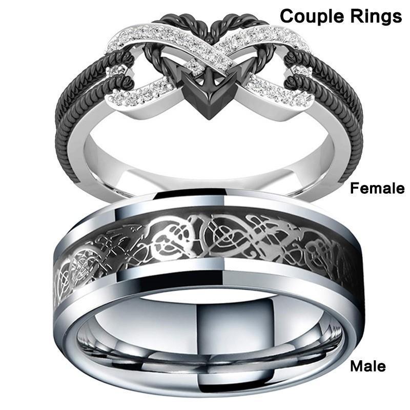 Stainless Steel Black Heart Couple Ring Set, Versatile Finger Jewelry for European and American Couples Daily Outfit Matching Accessory