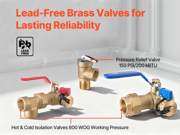 VEVOR 3/4 Inches Brass Steel Water Heater Kit, Corrosion Resistant Plumbing Repair Kit with 600 WOG Isolation Valves, Pressure Relief Valve, Dual-Layer Gas Hose, Standard Fit for Most Tankless Water Heating Brands