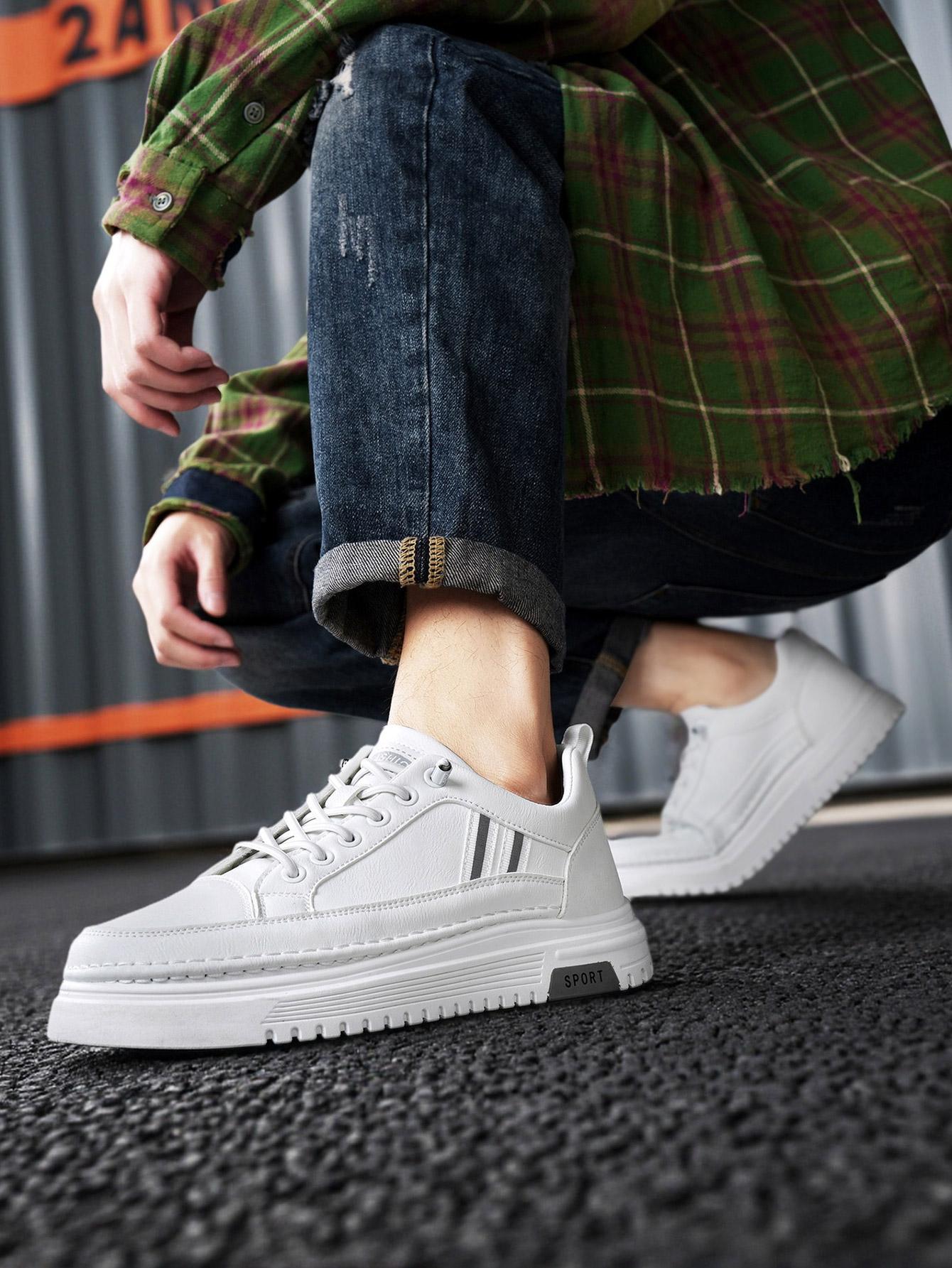 Men's Summer Thick Sole Sneakers, Simple Striped Casual Board Shoes, Soft Leather Breathable Lightweight, Height Boosting Slim Fit, Versatile Daily Wear
