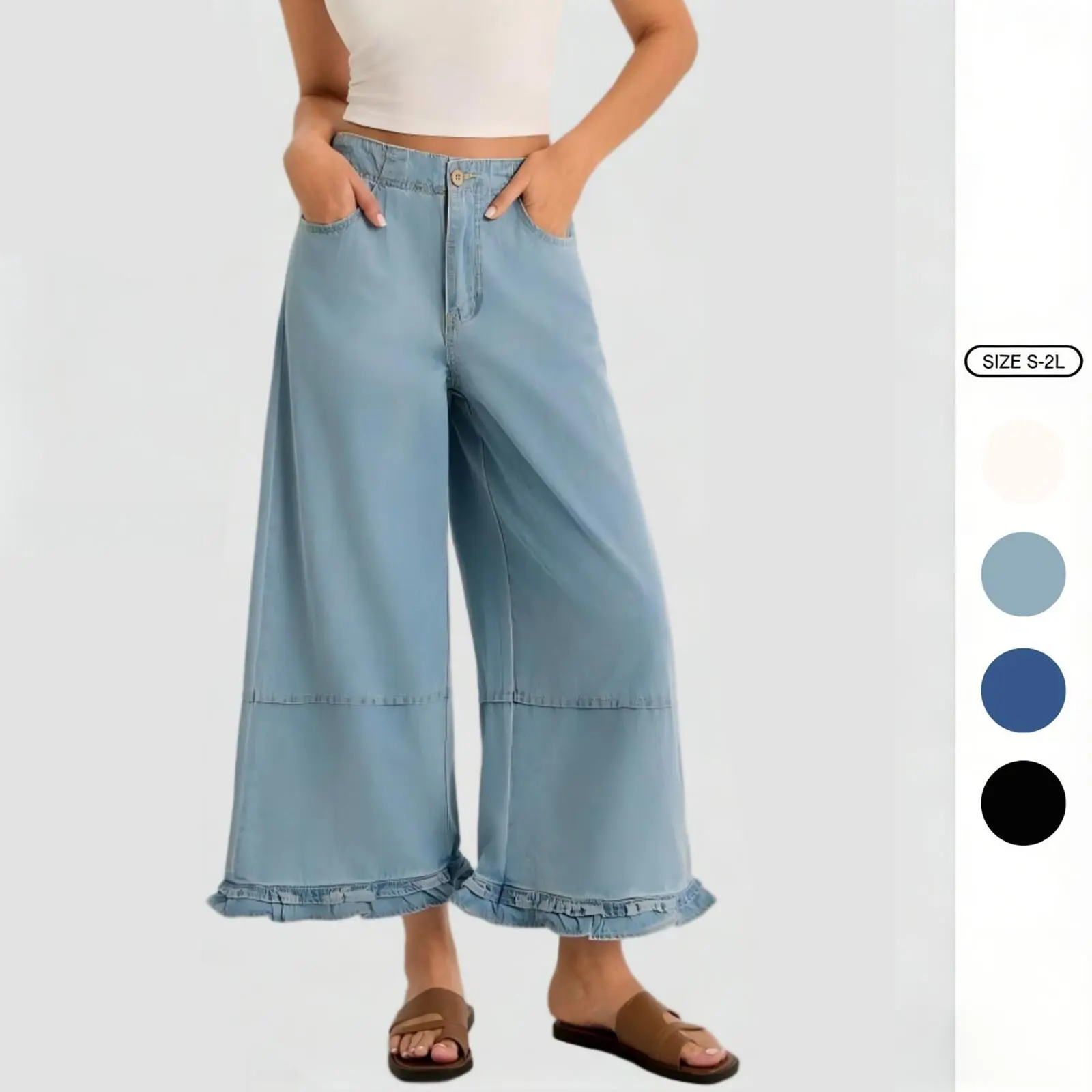 Imily Bela Womens Ruffle Wide Leg Jeans Cropped Elastic High Waisted Baggy Denim Pants with Pockets