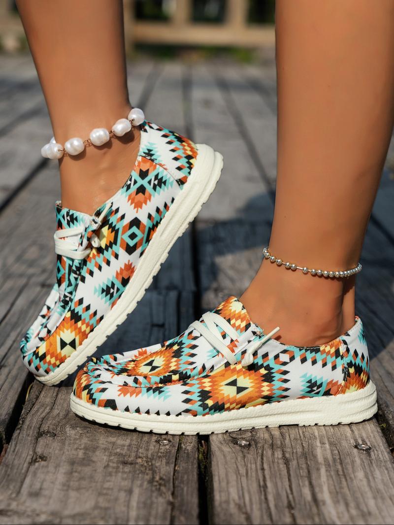 Women's Fashion Ethnic Pattern Lace up Low Top Sneakers, 1 Pair Casual Comfortable Lightweight Flat Shoes, All-match Soft Sneakers for Daily Wear, Lightweight Footwear