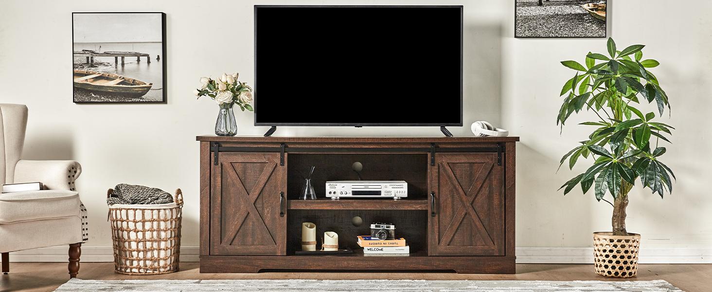 [Spring Sale] VanAcc 66" Farmhouse TV stand for 75 Inches TVs, Entertainment Center with Sliding Barn Door and Adjustable Shelf & Feet, Console Table with Storage