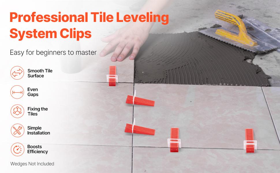 VEVOR Tile Leveling System Clips, 2200-Piece DIY Tile Leveler Spacers, 1/16(1.5 mm) Tile Leveler Clips, Tile Leveling System Tile Installation Tools for Professional Ceramic Tile, Stone Installation