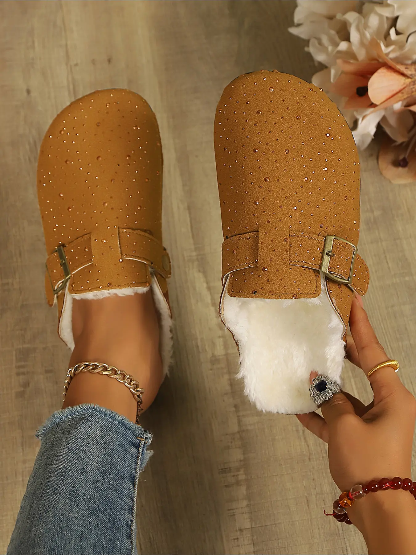 Women's Shoes Sparkly Glitter Upper Mule Clogs With Adjustable Metal Buckle Soft Furry Lining Cork Footbed Flat Slip On Slippers For Fall Winter Daily Wear