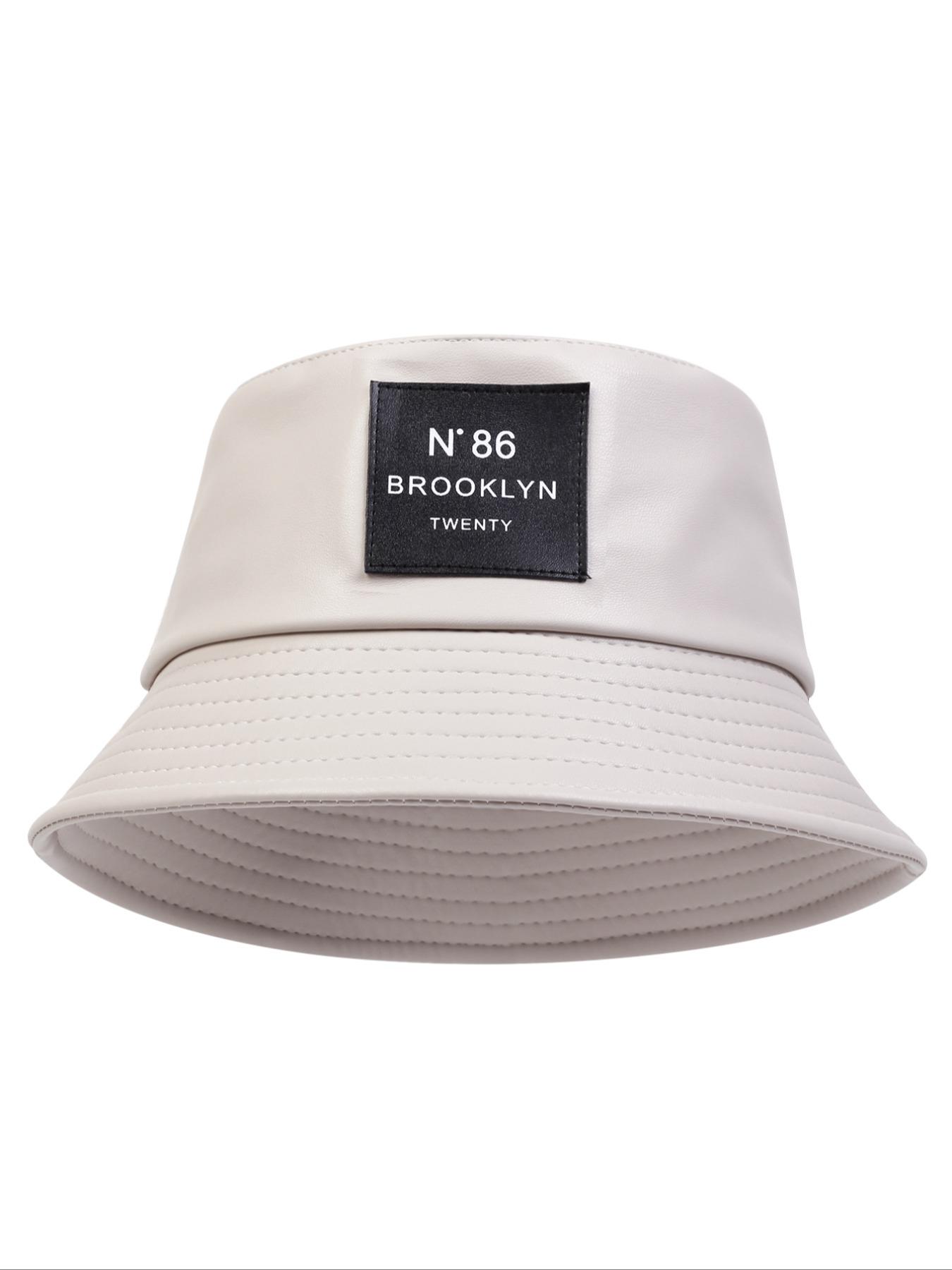 Minimalist Letter Patch Decor PU Leather Bucket Hat, Outdoor Sun Protection Fisherman Hat, Summer Beach Hat For Men & Women