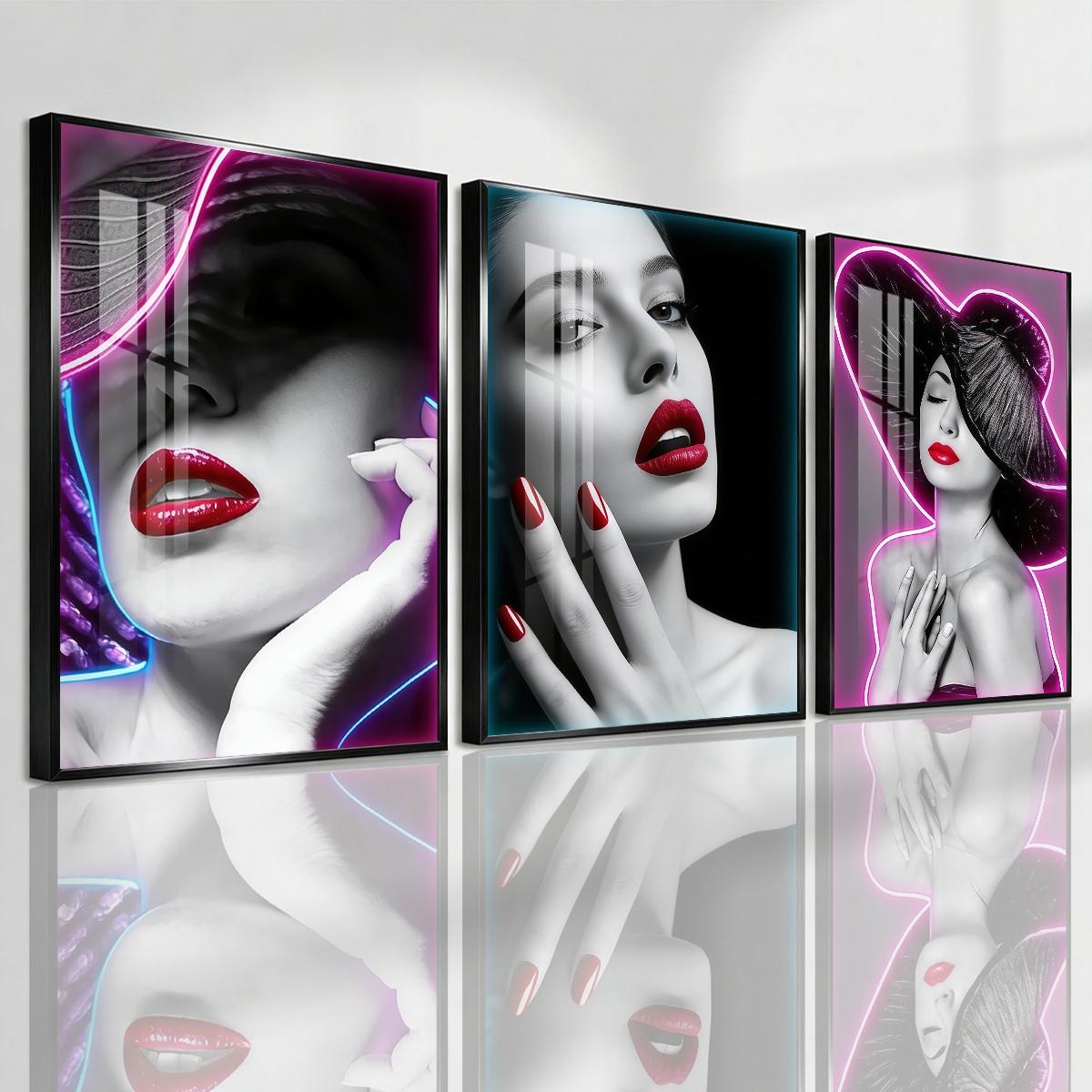 3 Counts Aluminum Alloy Framed Painting, Neon Beauty Portrait Art With Red Lips And Nails, Home Decoration For Living Room, Bedroom, Office, Restaurant, Hallway Wall Decor, Odorless Print Artwork, Luxury Perfect Gift For Friends And Family