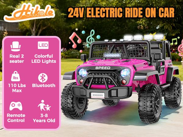 Hikole 24V Electric Jeep Car for Kids with Parent Remote, Power Ride on Wheels, Kid Cars to Drive for Boys Grils w/LED Lights, Bluetooth, 3 Speeds, Music & Horn