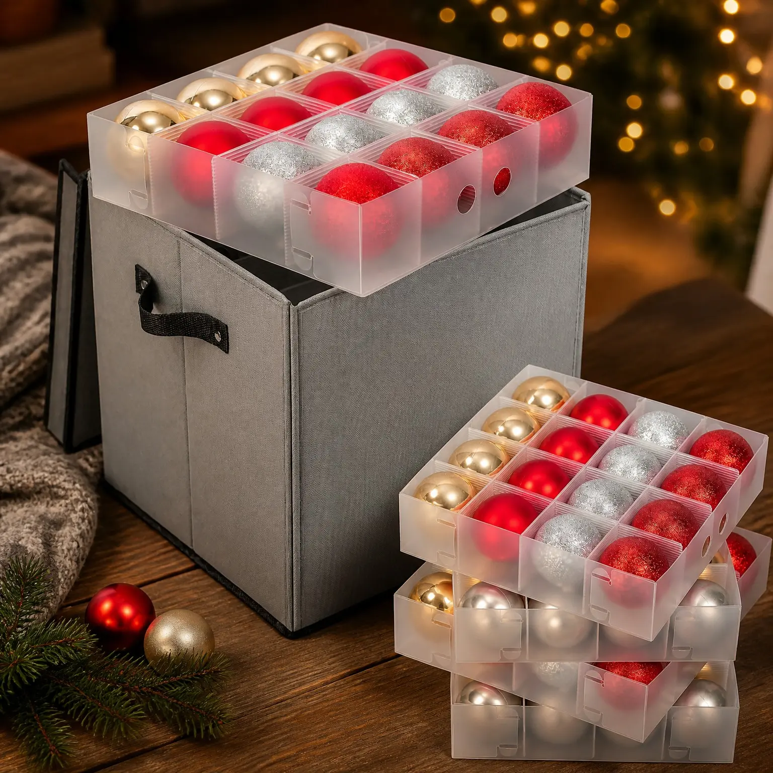 Christmas Ornament Storage Box with Dividers, Premium Holiday Ornaments Storage Container Bin for Xmas Decorations (64 Ball, Grey, Hard)Gift