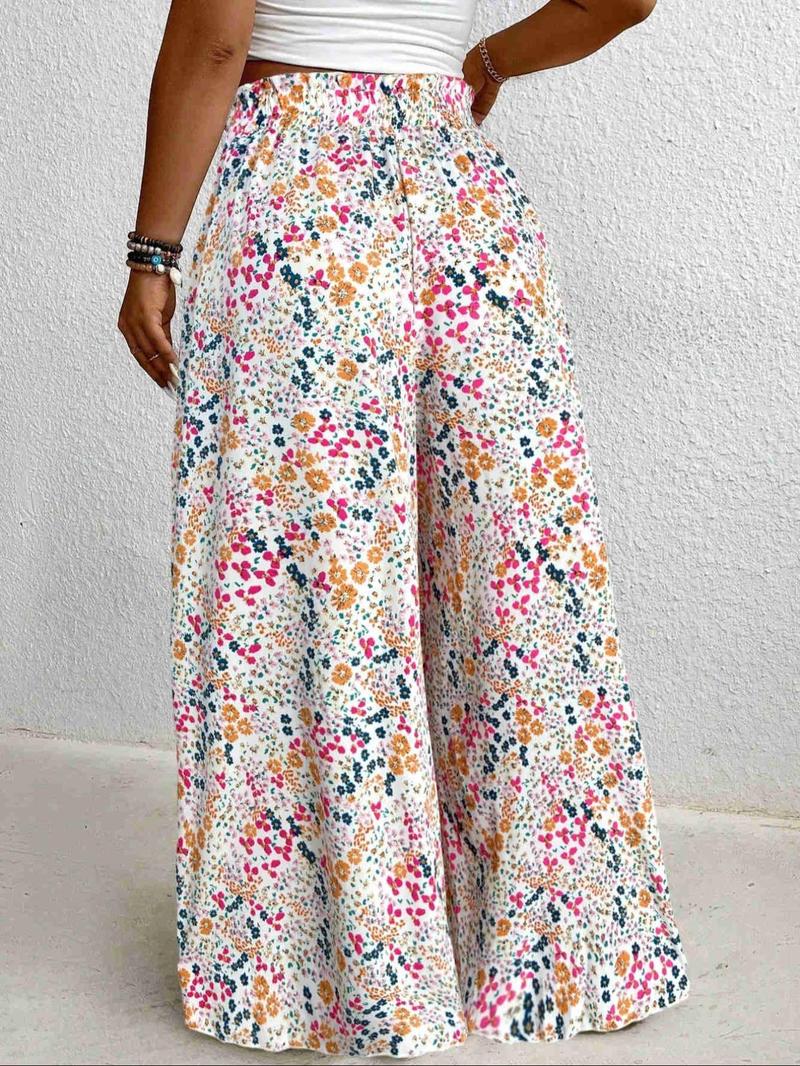 ["Plus Size"] Floral Print Pants, Bohemian Street Trousers, Boho Casual Comfy Wide Leg Trousers for Vacation Holiday, Women's Bottoms for Summer