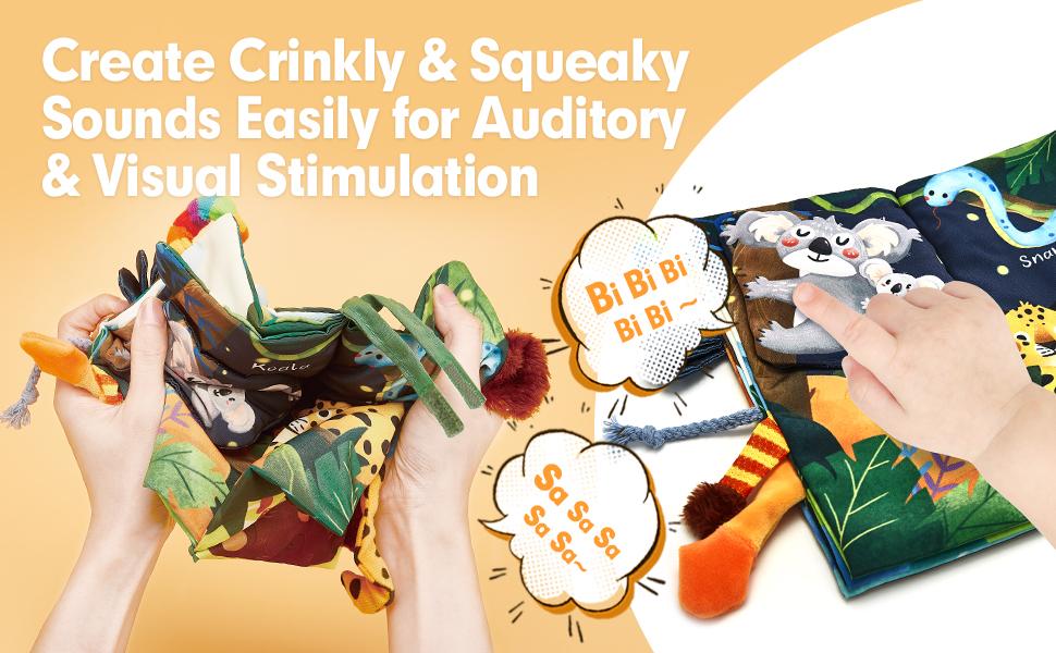 Hahaland Jungly Tails Baby Cloth Book -  Infant Tummy Time Toy Sensory Toys Touch Feel Baby Gifts for Boy Girl Early Learning Toy Early Education Montessori Sensory Infant Toy Newborn Baby Shower Gift