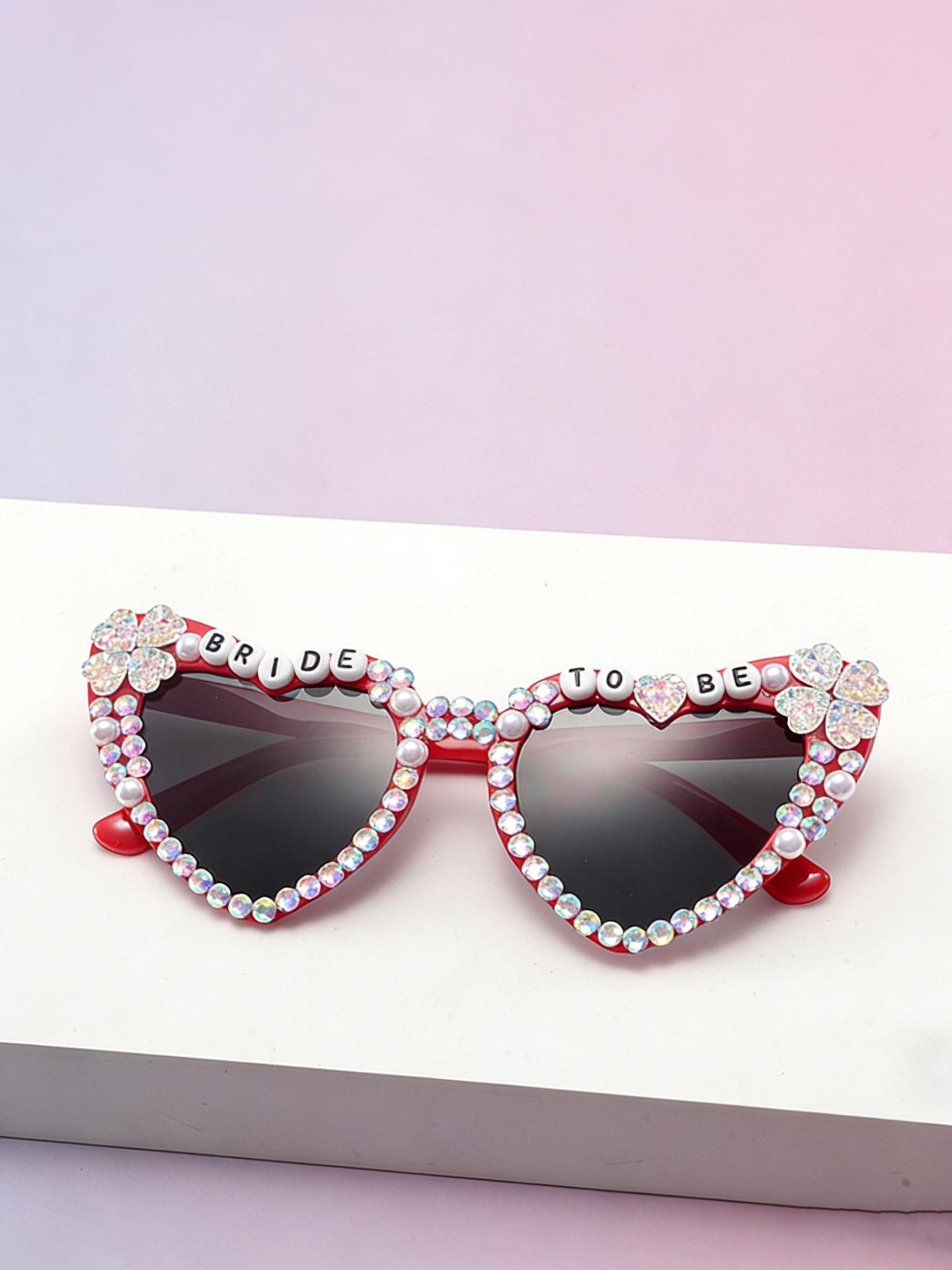 Bride-To-Be Full-Diamond Heart Sunglasses, Pearl Clover Decoration, Pre-Wedding Singles Party Photo Sun Glasses, Elegant Bridal Accessory
