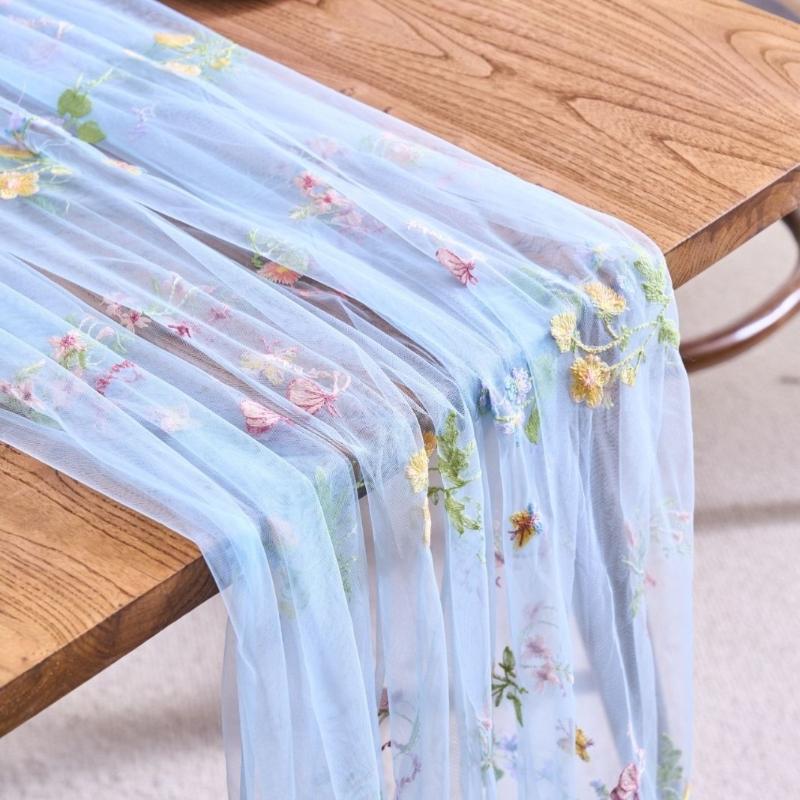 Green Lace Table Runner with Butterfly Floral Embroidery French Retro Ruffled Sheer Fabric Table Flag for Wedding Party, Garden Tea Party, Home Decor, Event Versatility, Multi-use for Table, Chair, Arch, Window