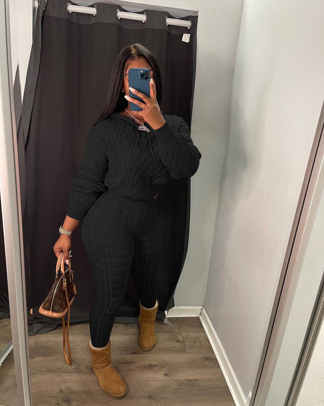 USBoutique Chic Two-piece Set Women's Solid Drop Shoulder Cable Knit Crop Sweater & High Waist Pants. Casual Fashion Cozy Plush Outfits for Daily Outdoor Wear, Women Clothes for Fall & Winter, Fall Outfits. Green Hoodie Girl, Drop Shoulder Sweater