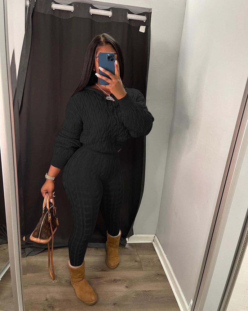 USBoutique Chic Two-piece Set Women's Solid Drop Shoulder Cable Knit Crop Sweater & High Waist Pants. Casual Fashion Cozy Plush Outfits for Daily Outdoor Wear, Women Clothes for Fall & Winter, Fall Outfits. Green Hoodie Girl, Drop Shoulder Sweater