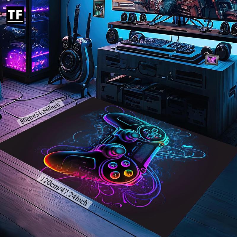 Neon Game Rectangular Carpet: HD Pattern, Double Lock Edge, Washable. Ideal for Bedroom, Living Room & Bathroom. Colorful Game Controller Design, Cartoon Print, Cyberpunk Style. 1pc for Gamers, Xmas Decor, Video Game Rug, Gaming Rugs