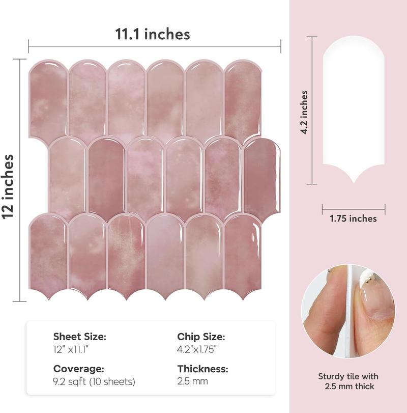 Vamos Tile 10-Sheet Backsplash Peel and Stick Tile, Pink Self Adhesive Vinyl Wall Tiles, Stick on Backsplash for Kitchen, Bathroom,RV (Thicker Design)