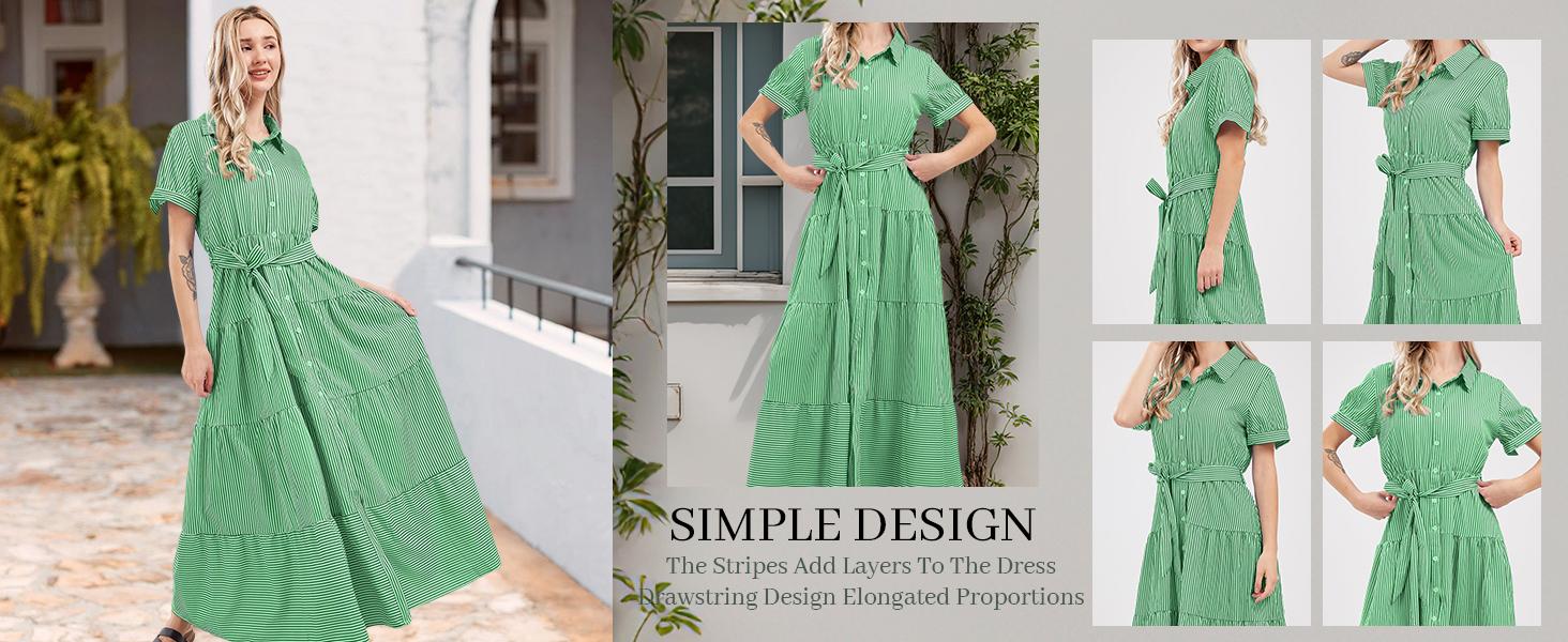 utcoco women's summer striped dress with tie waist ruffles long casual Shortsleeve Womenswear shirt dress SpringStatements