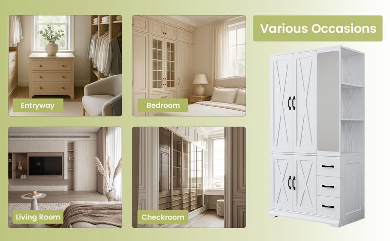 ANCTOR Armoire Wardrobe Closet with Mirror, 70.9" H × 36.2" W, Bedroom Armoires with 4 Doors, 3 Drawers and Shelves, Large Clothing Storage Cabinet for Hanging Clothes