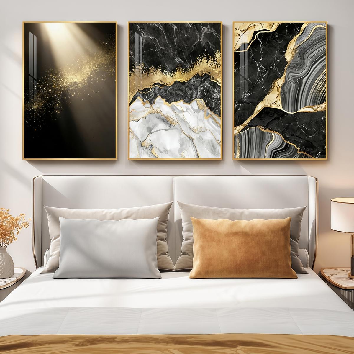 3 Counts Aluminum Alloy Framed Painting, Abstract Black Gold Marble Texture Pictures, Home Decoration For Living Room, Bedroom, Office, Restaurant, Hallway Wall Decor, Odorless Print Artwork, Luxury Perfect Gift For Friends And Family