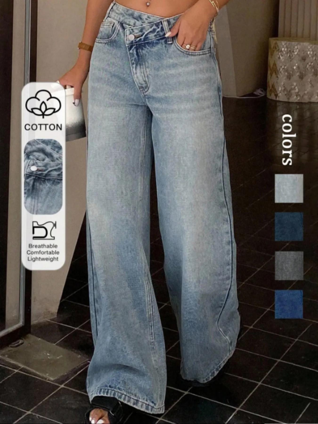 Women's Pocket Zipper Asymmetrical Wide Leg Jeans, Casual Fashion Pants for All Seasons