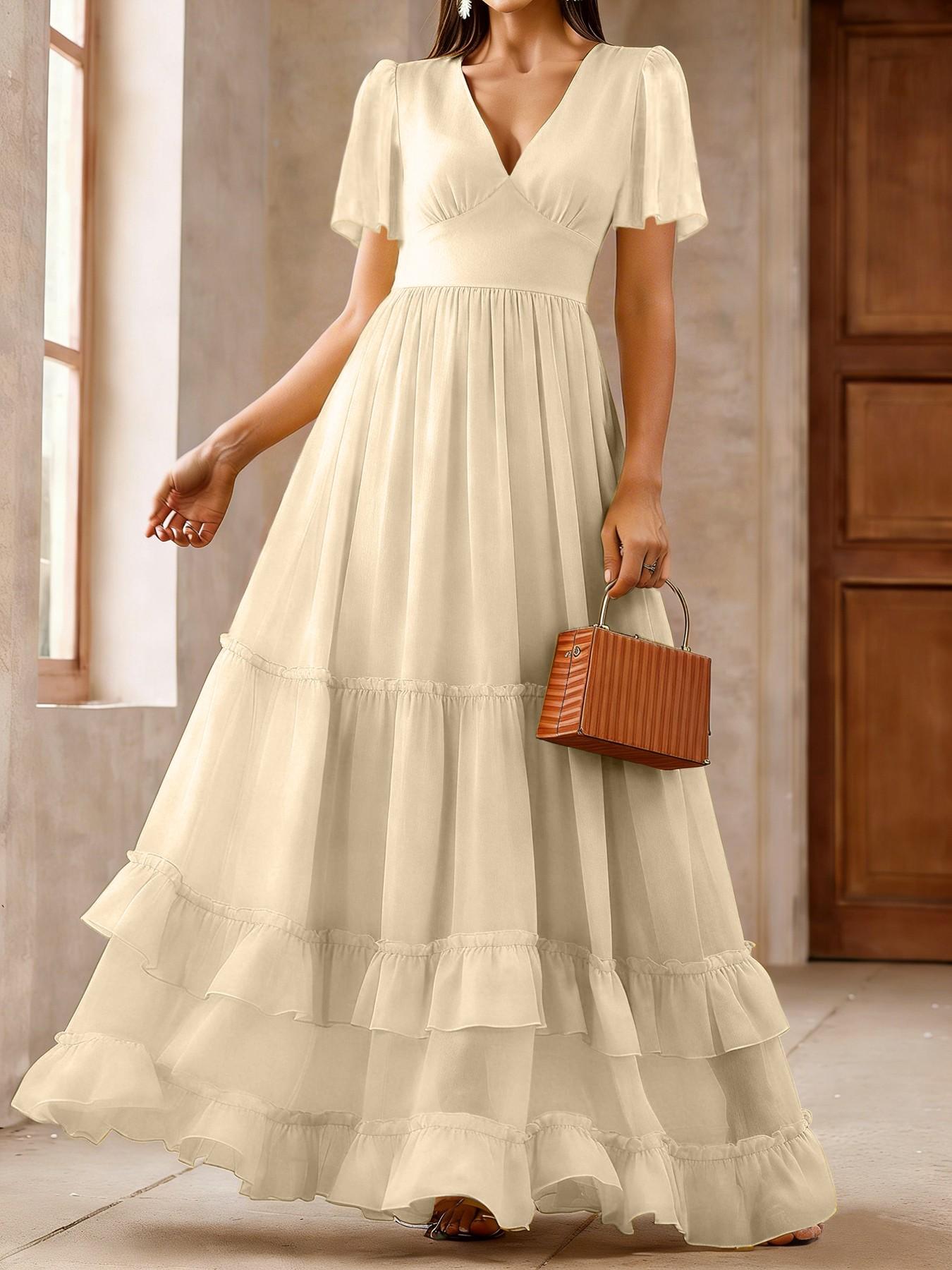 Spring Summer Dress, Cake Skirt V Neck Ruffle Long Dress, French Gentle Style, Beach Vacation, Wedding Bridesmaid Dress