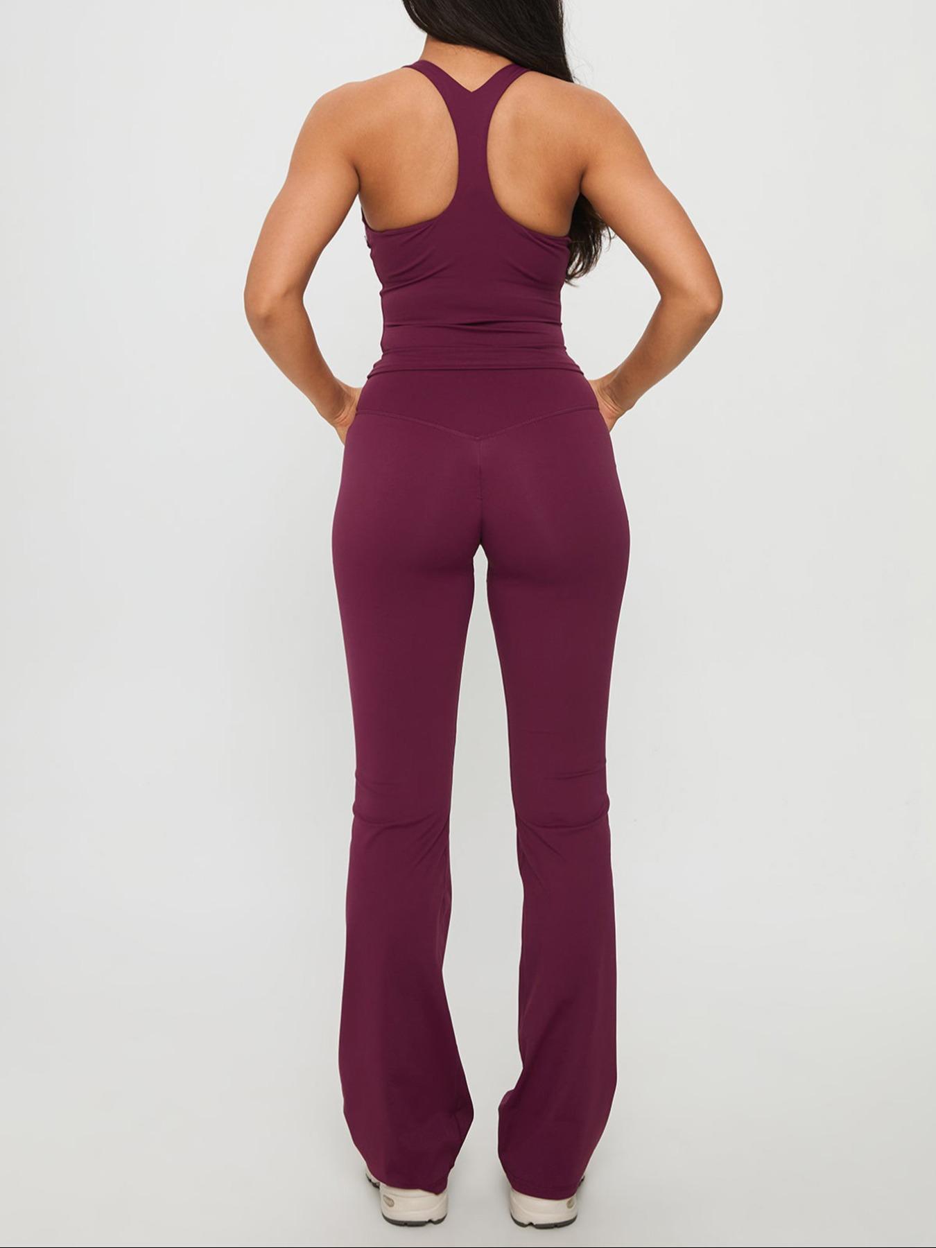 Pure Color Casual Sporty Slim Fit Crop Top and Bell Pants Set, High Waist Sleeveless H-Type, Athleisure Wear Set, Fall Fashion Two-Piece Set