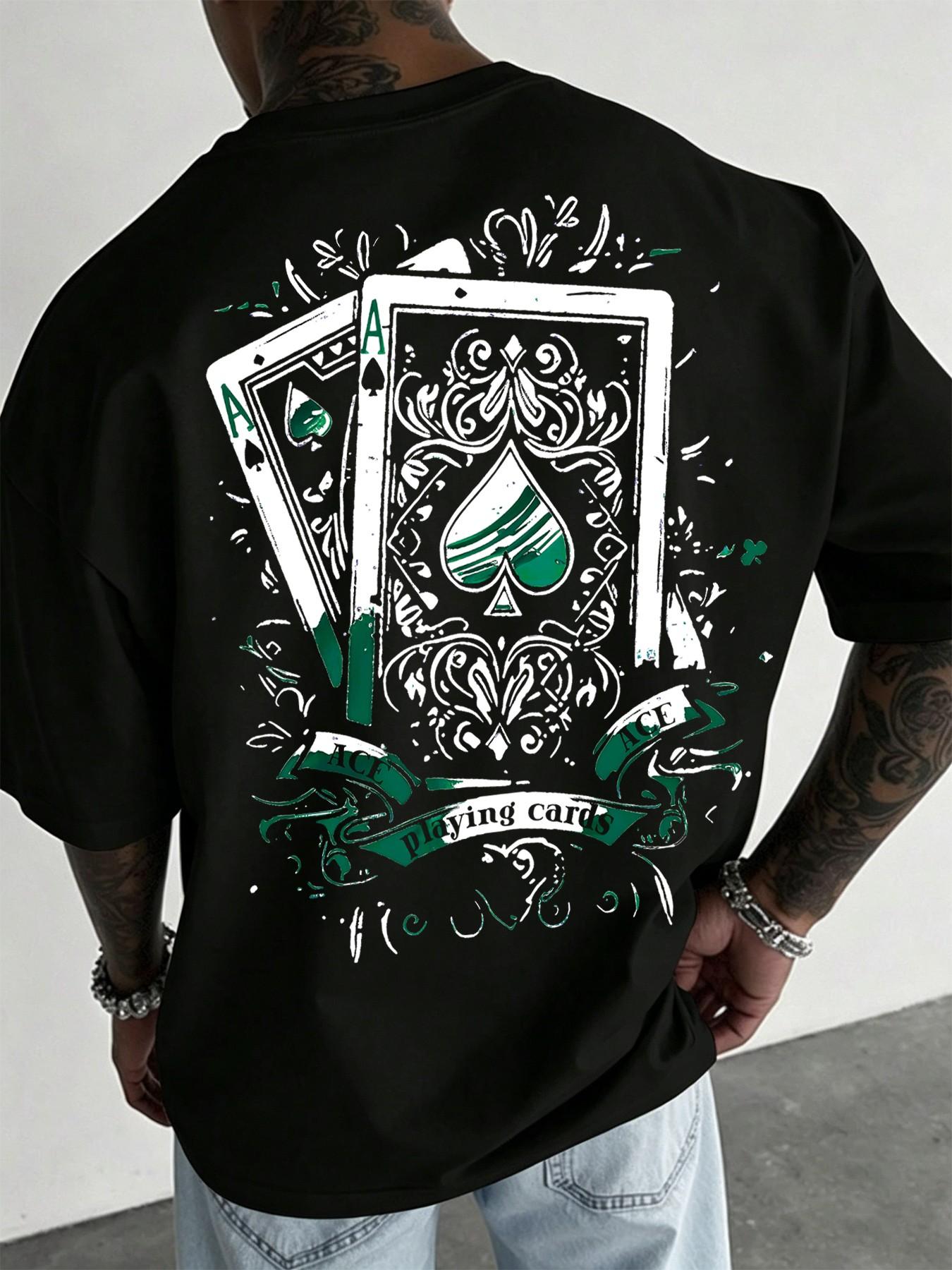Men's Casual Short-Sleeve T-Shirt, Long Vintage Street Style Ace of Spades Playing Card Print, Loose and Versatile Top, Suitable for Hip-Hop Fashion, Streetwear and Daily Wear