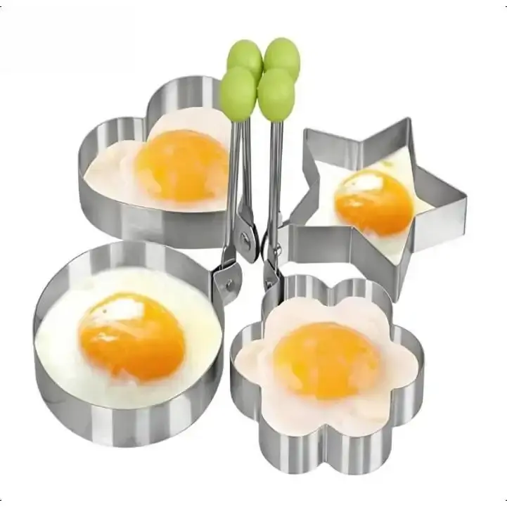 4-Pcs Stainless Steel & Food-Grade Silicone Nonstick Egg Molds Set with Foldable Stay-Cool Handles - Heart/Round Creative Shapes, Sturdy Kitchen Breakfast Griddle Utensils for Family Fried Eggs, Easy to Clean