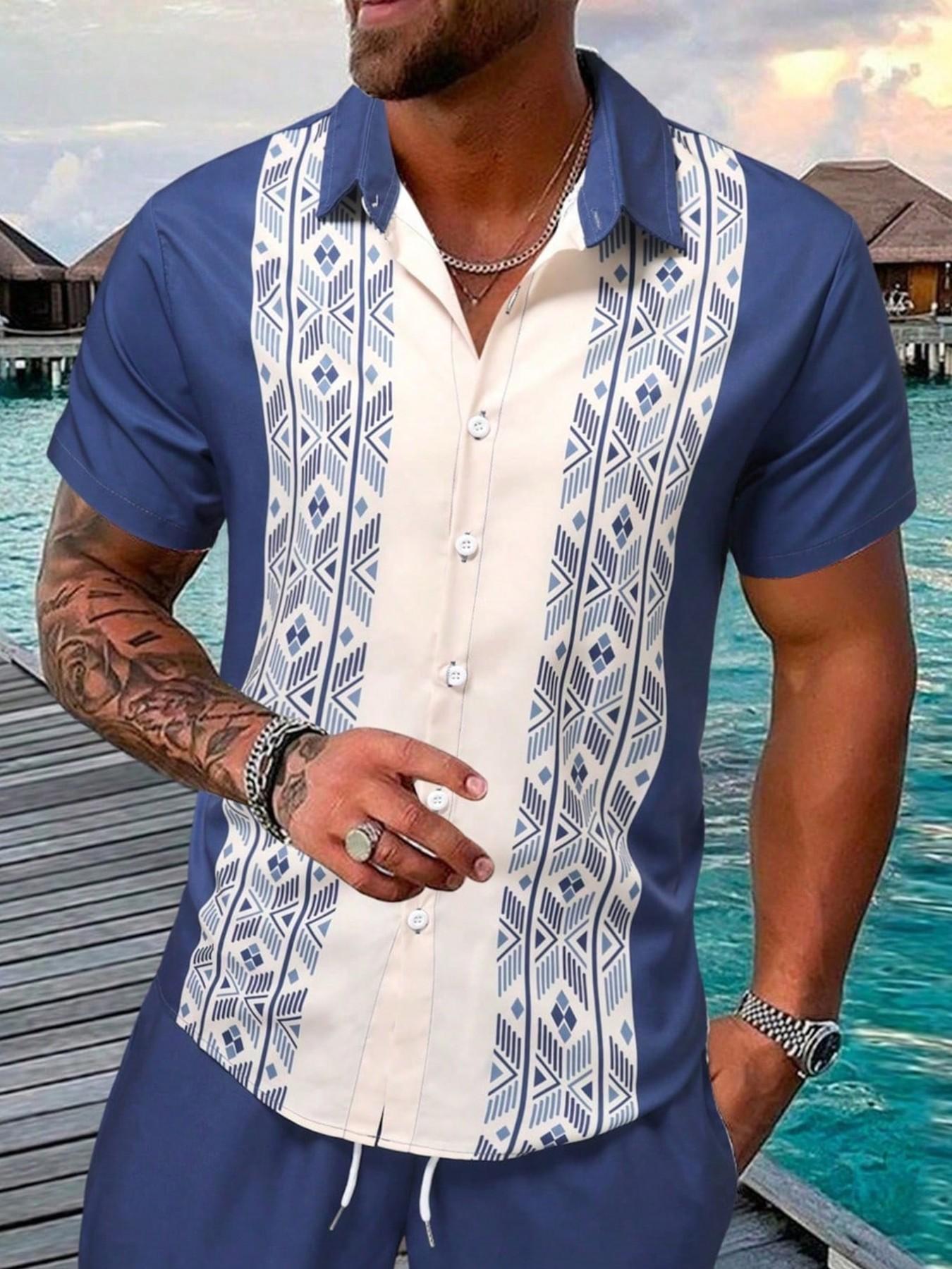 Men's Casual Short Sleeve Shirt, Ethnic Pattern Striped Print, Hawaiian Vacation Style, Summer Top, Fitted H-Type Silhouette