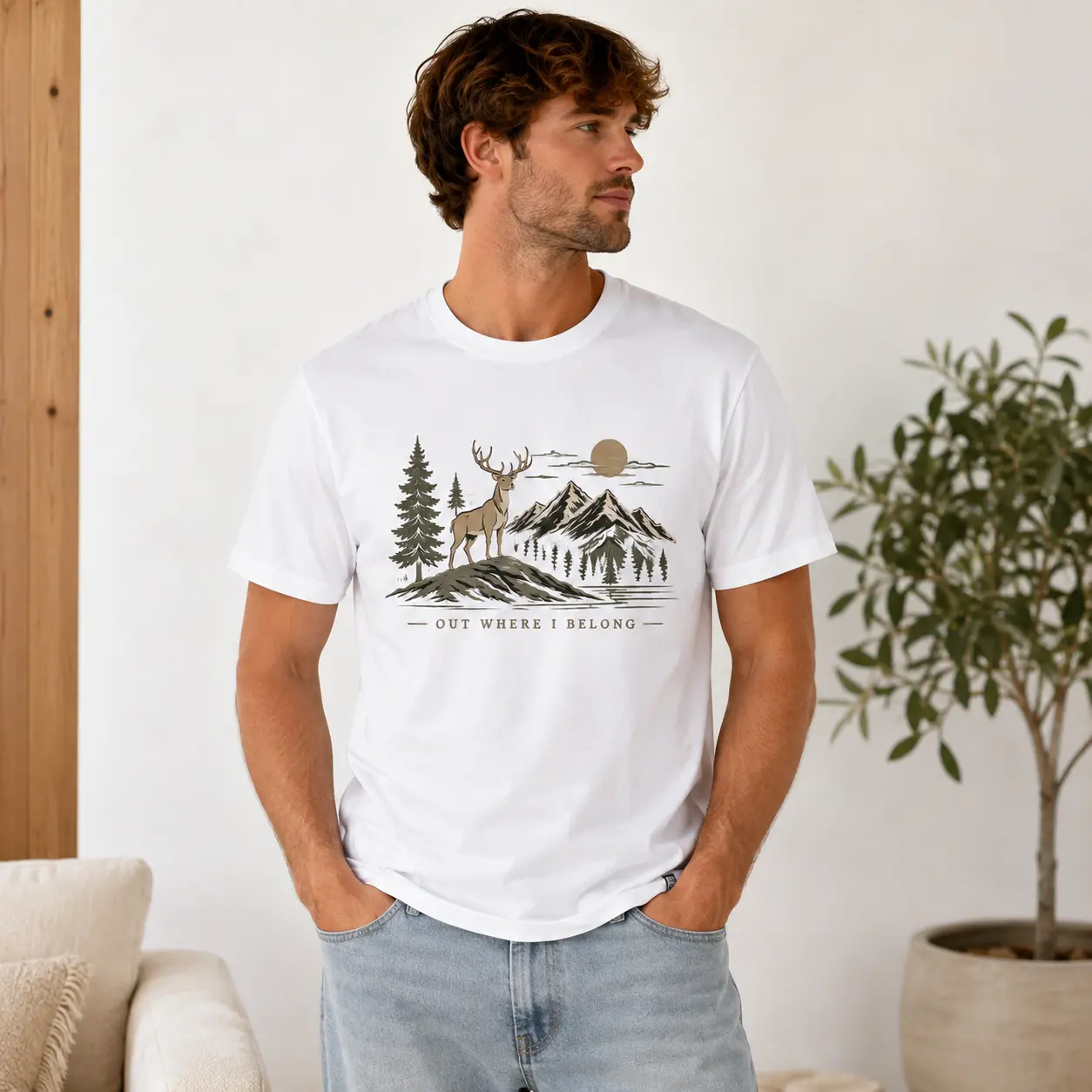 Out Where I Belong T-Shirt, Vintage Deer Mountain Graphic Tee, Wildlife Nature Shirt for Outdoor Lovers, Hiking, Camping & Cabin Trips Casual Crewneck