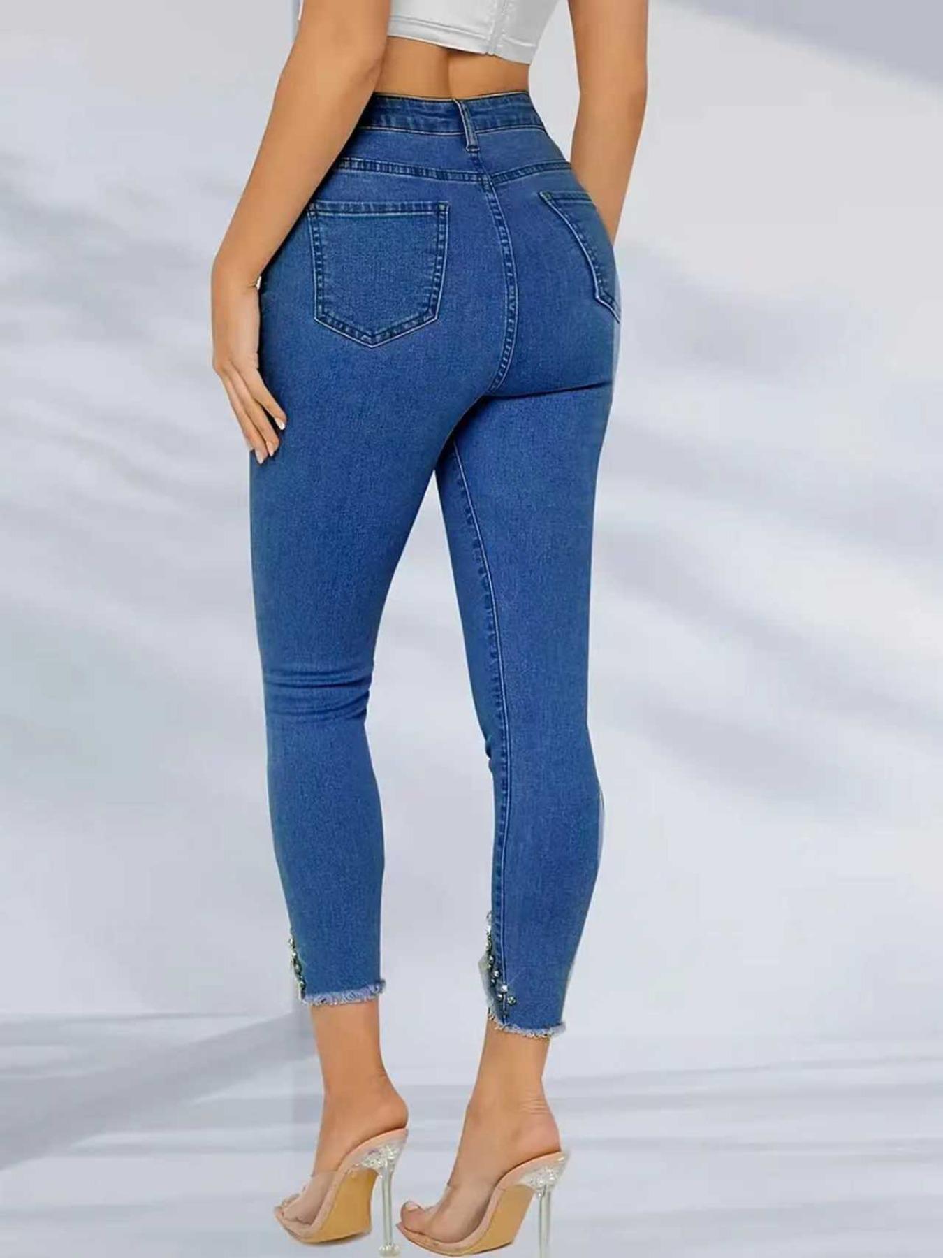 Women's Casual Denim Capri Pants with Rhinestone Hem, Tight Fit Skinny Long Jeans, Stylish Ladies' Fashion Bottoms, Trouser