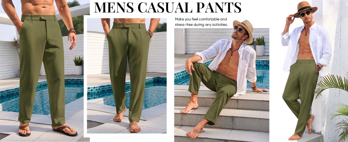 Runcati Mens Casual Pants Elastic Waist Linen Lightweight Straight-Legs Loose Fit Summer Beach Yoga Trousers