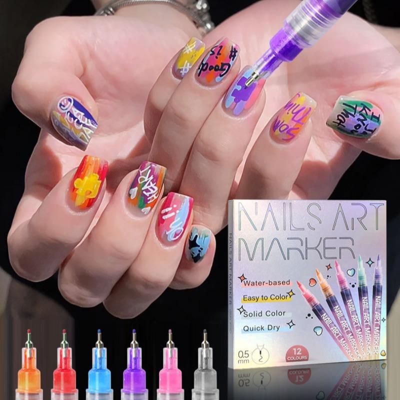 1 Box 12 Color Nail Polish Pens, 3D Manicure Pen Set, Nail Dot Painting Brush, DIY Nail Art Marking Drawing Pen, Nail Design Pen