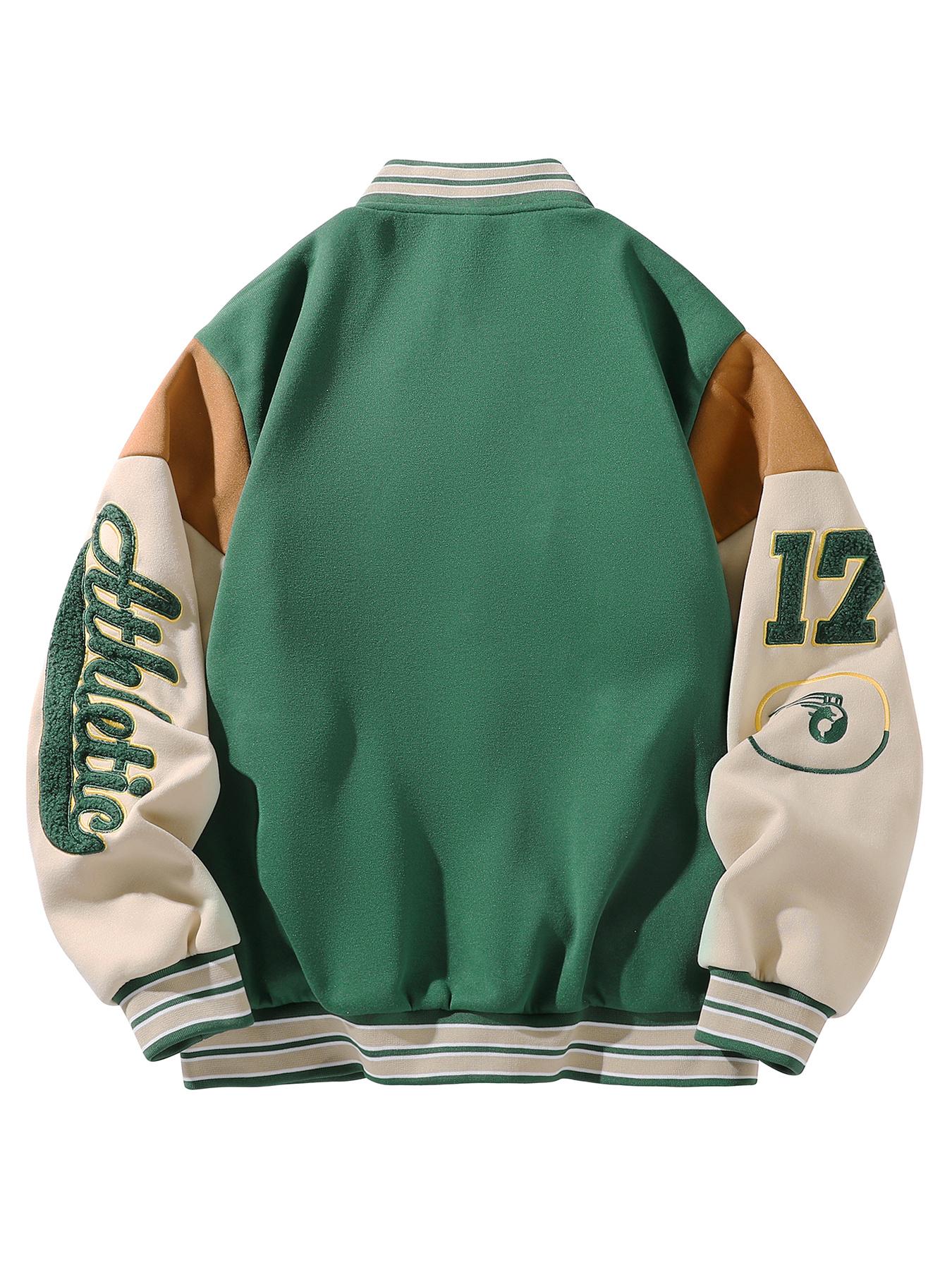 Autumn Winter American Retro Colorblock Embroidered Baseball Jacket, Youth Trendy Fleece Embroidery Letter Design, Casual Couple Outdoor Coat