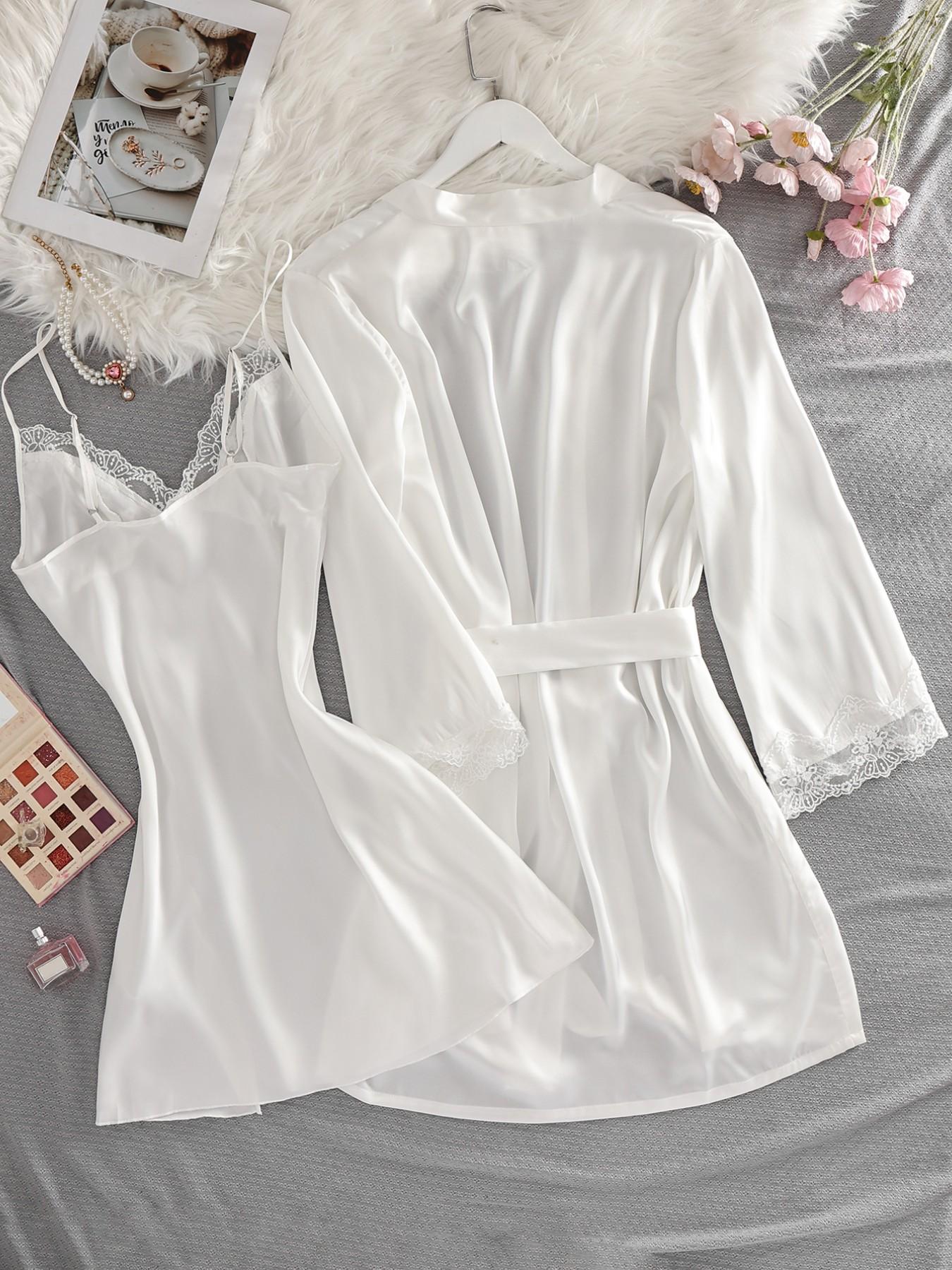 Women's Lace Patchwork Sleepwear Set, Soft Smooth Fabric, Long Sleeve Robe with Tie, Elegant Bedroom Wear, Perfect Gift for Valentine's Day