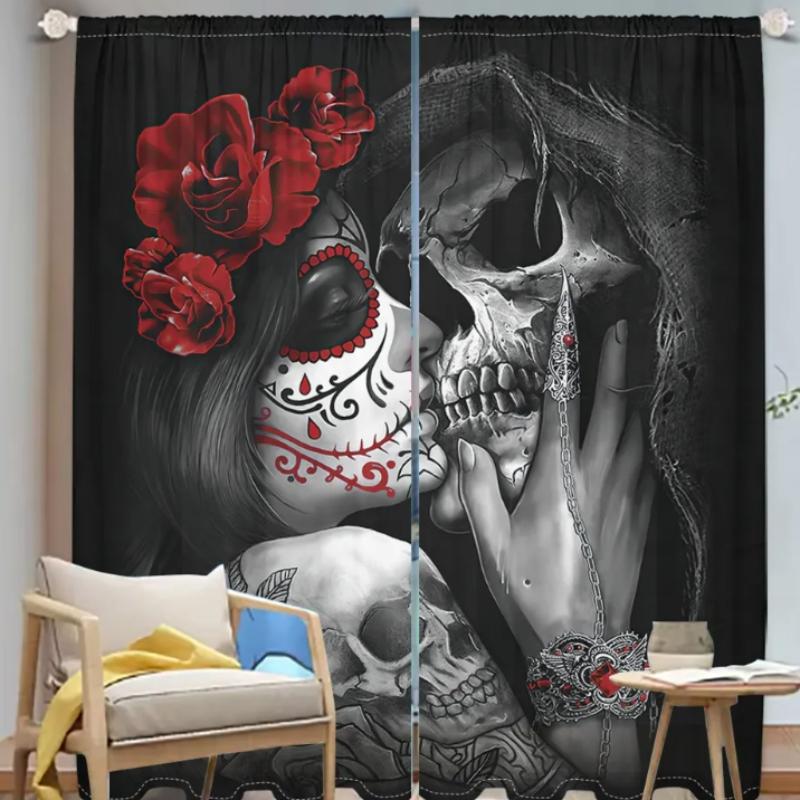 2pcs Gothic Skeleton Skull Curtains, High-Definition Digital Print, Polyester Material, Semi-Transparent, Privacy Protection, Washable, Home Decoration Curtain