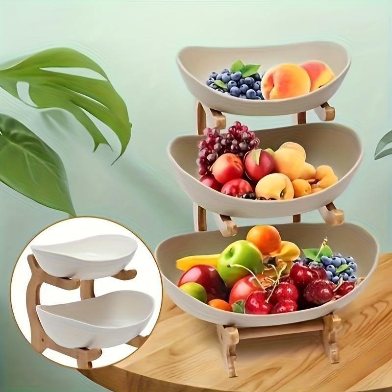 3-Tier Oval Fruit Basket with Bamboo Stand, Durable Polypropylene Kitchen Storage Rack, Natural Bamboo Finish, Modern Fruit Basket for Kitchen and Party